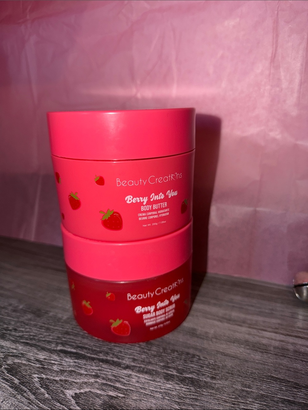 Beauty Creations Pink Strawberry Body Butter & Sugar Scrub Duo